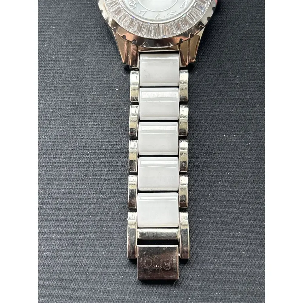 Burgi White And Silver Tone Rhinestone Bezel Women’s Quartz Watch